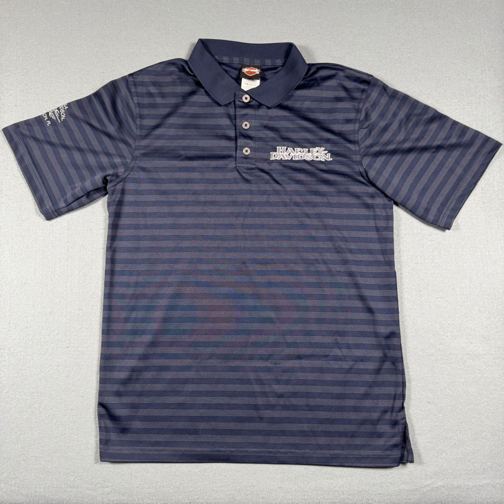 Harley-Davidson Mens Blue Striped Performance Polo Shirt Size Large Embroidered